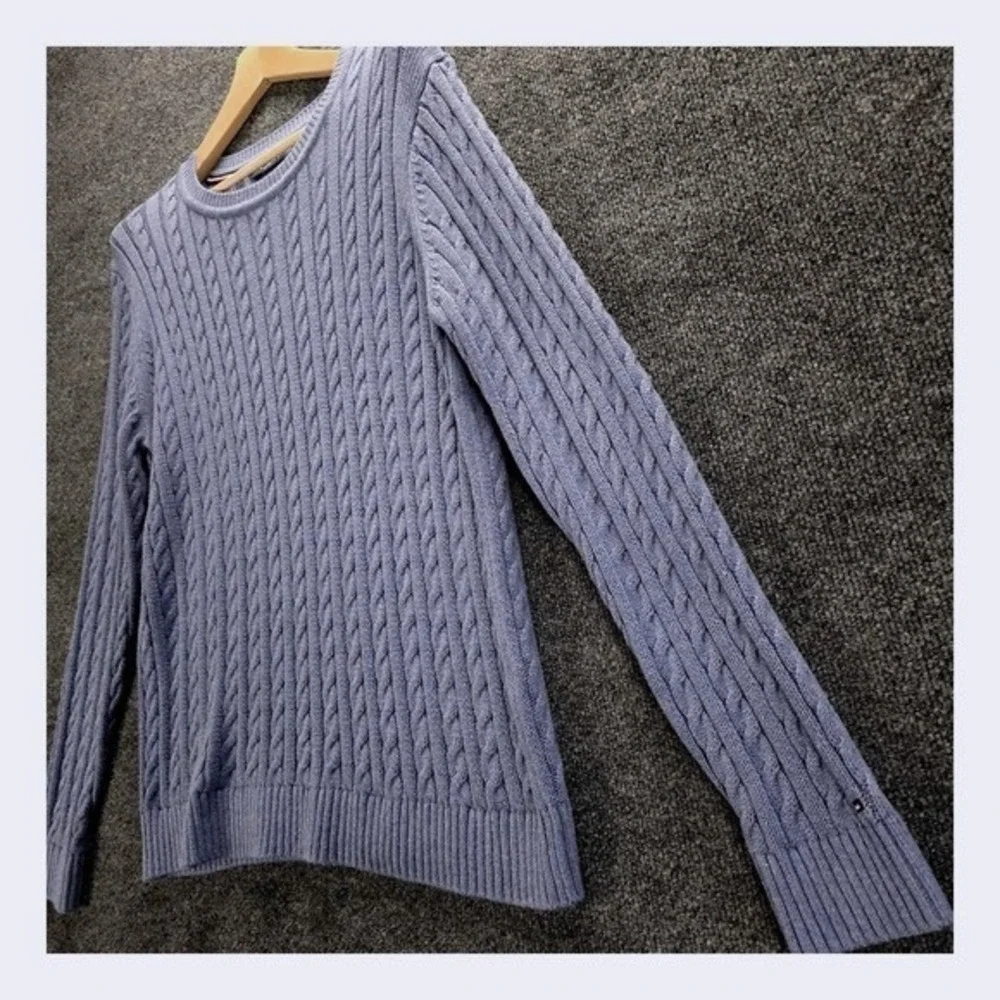 Tommy Hilfiger Womens Light Blue 100%Cotton Cable Knit Crew Neck Sweater